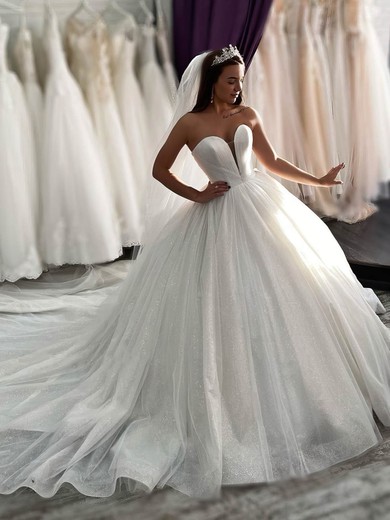 Ball Gown V-neck Glitter Court Train Wedding Dresses #Milly00024034