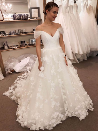 Ball Gown Off-the-shoulder Tulle Sweep Train Beading Wedding Dresses #Milly00024036