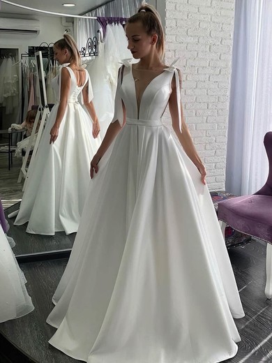 A-line Scoop Neck Satin Sweep Train Bow Wedding Dresses #Milly00024037