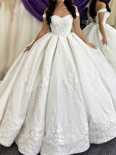 Ball Gown/Princess Off-the-shoulder Satin Court Train Wedding Dresses With Appliques Lace #Milly00024038