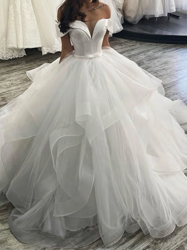 Ball Gown/Princess Off-the-shoulder Tulle Court Train Wedding Dresses With Cascading Ruffles #Milly00024040