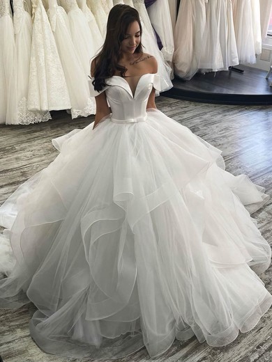 Ball Gown Off-the-shoulder Tulle Court Train Wedding Dresses With Cascading Ruffles #Milly00024040