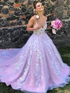 Ball Gown V-neck Tulle Court Train Wedding Dresses With Appliques Lace #Milly00024043
