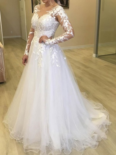 Ball Gown Illusion Tulle Sweep Train Wedding Dresses With Appliques Lace #Milly00024044