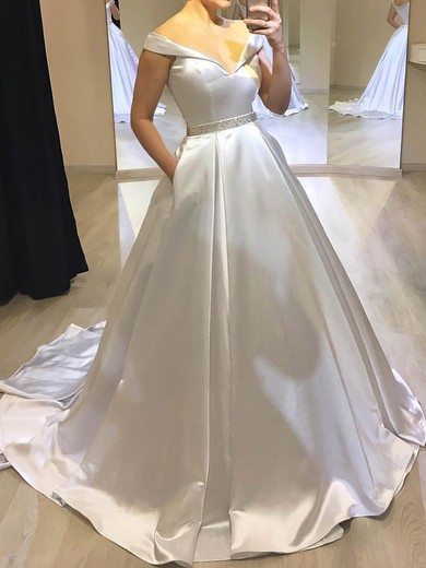 Ball Gown Off-the-shoulder Satin Sweep Train Wedding Dresses With Beading #Milly00024047