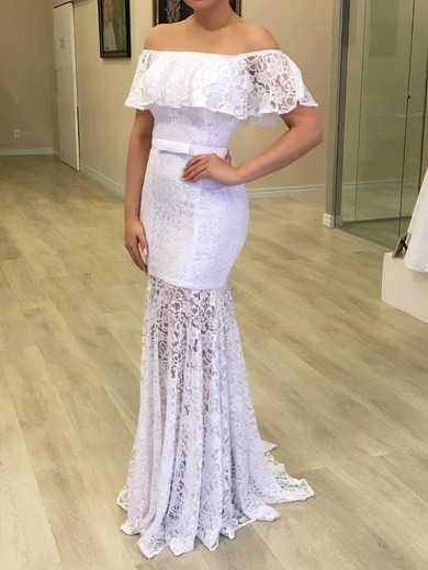 Trumpet/Mermaid Off-the-shoulder Lace Sweep Train Wedding Dresses With Sashes / Ribbons #Milly00024049