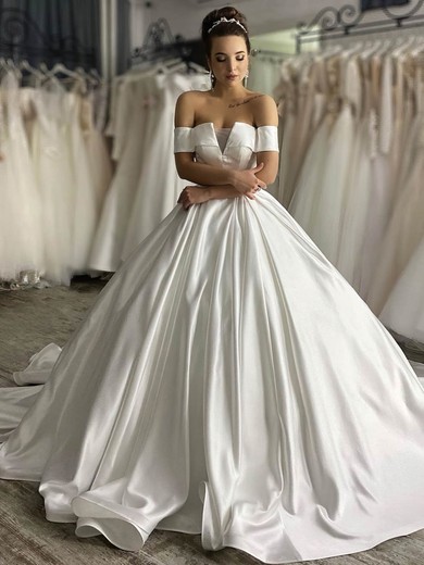 Ball Gown Off-the-shoulder Satin Court Train Wedding Dresses #Milly00024052