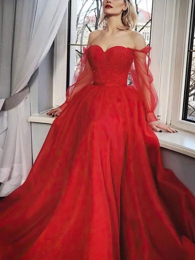 Ball Gown Off-the-shoulder Tulle Sweep Train Appliques Lace Prom Dresses #Milly020107242