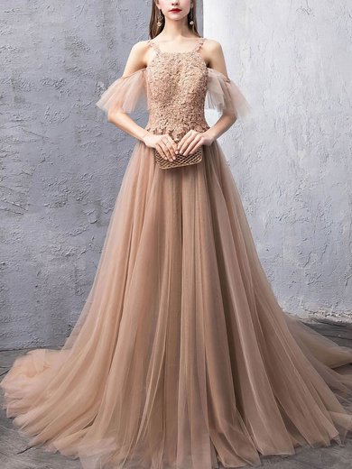 A-line Square Neckline Tulle Sweep Train Appliques Lace Prom Dresses #Milly020107245