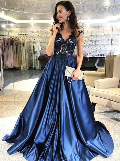 A-line V-neck Satin Sweep Train Appliques Lace Prom Dresses #Milly020107246