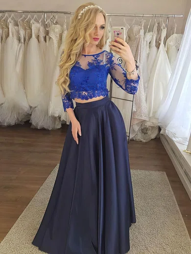 A-line Scoop Neck Satin Sweep Train Beading Prom Dresses #Milly020107254