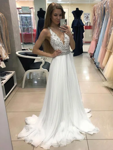 A-line Sweep Train V-neck Chiffon Beading Prom Dresses #Milly020107256