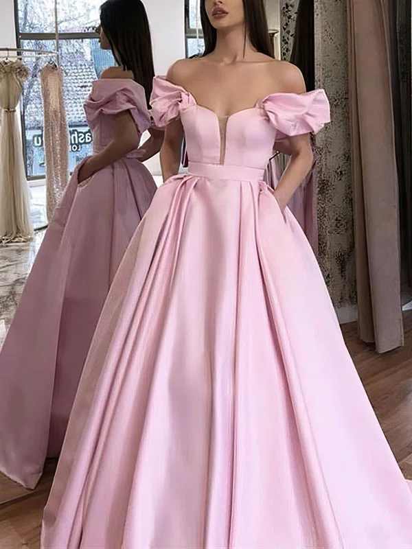 Ball Gown Off-the-shoulder Silk-like Satin Sweep Train Pockets Prom Dresses #Milly020107264