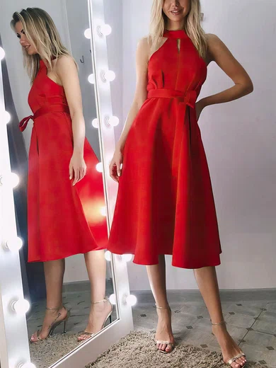 A-line Halter Satin Tea-length Homecoming Dresses #Milly020107267