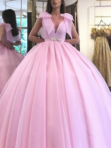 Ball Gown V-neck Organza Sweep Train Beading Prom Dresses #Milly020107272