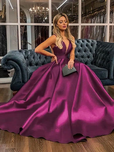 A-line V-neck Satin Sweep Train Bow Prom Dresses #Milly020107273