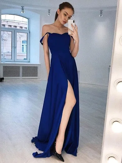 A-line Off-the-shoulder Silk-like Satin Sweep Train Split Front Prom Dresses #Milly020107275
