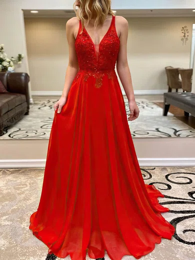 A-line V-neck Chiffon Sweep Train Beading Prom Dresses #Milly020107280