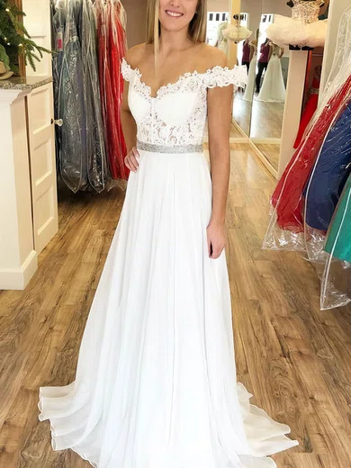 A-line Off-the-shoulder Chiffon Sweep Train Beading Prom Dresses #Milly020107294