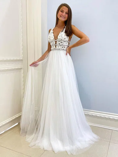 A-line V-neck Tulle Sweep Train Beading Prom Dresses #Milly020107301
