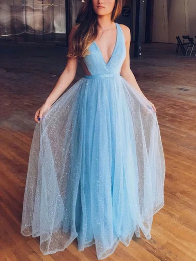A-line V-neck Floor-length Glitter Tulle Prom Dresses #Milly020107302
