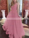 A-line V-neck Tulle Sweep Train Prom Dresses #Milly020107304