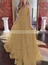 A-line V-neck Tulle Sweep Train Prom Dresses #Milly020107304