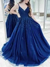 Ball Gown V-neck Tulle Sweep Train Appliques Lace Prom Dresses #Milly020107310