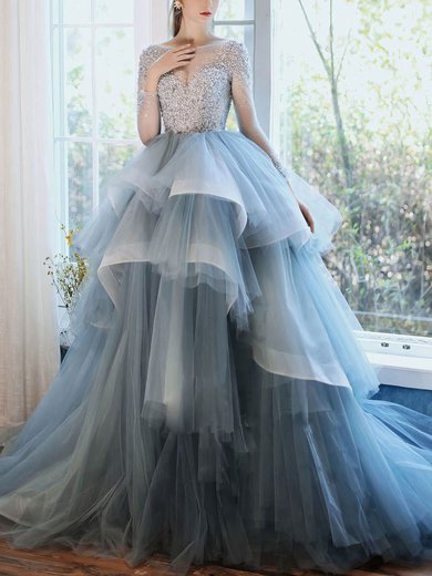 Ball Gown Scoop Neck Tulle Sweep Train Beading Prom Dresses #Milly020107322