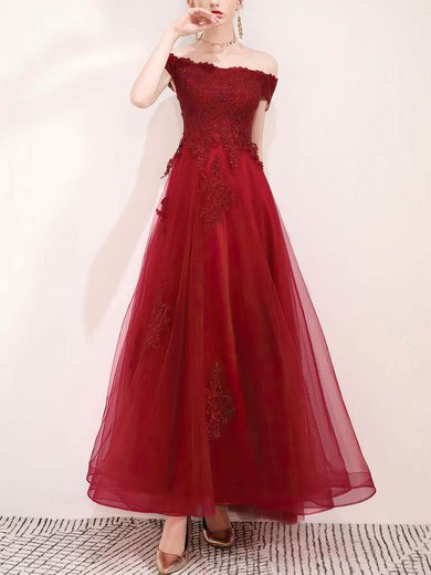 A-line Off-the-shoulder Tulle Floor-length Appliques Lace Prom Dresses #Milly020107325