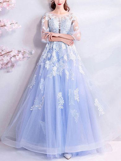 A-line Scoop Neck Tulle Sweep Train Beading Prom Dresses #Milly020107326