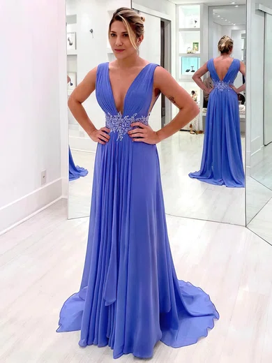 A-line V-neck Chiffon Sweep Train Beading Prom Dresses #Milly020107327