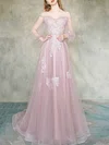 A-line Off-the-shoulder Tulle Sweep Train Appliques Lace Prom Dresses #Milly020107333
