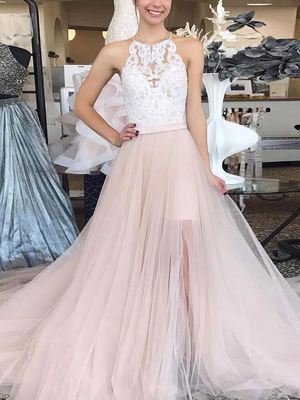 Ball Gown Scoop Neck Tulle Sweep Train Appliques Lace Prom Dresses #Milly020107335