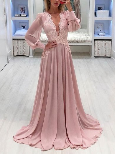 A-line Sweep Train V-neck Chiffon Long Sleeves Appliques Lace Prom Dresses #Milly020107337