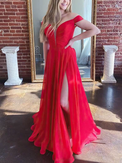 A-line Sweep Train Off-the-shoulder Chiffon Split Front Prom Dresses #Milly020107341