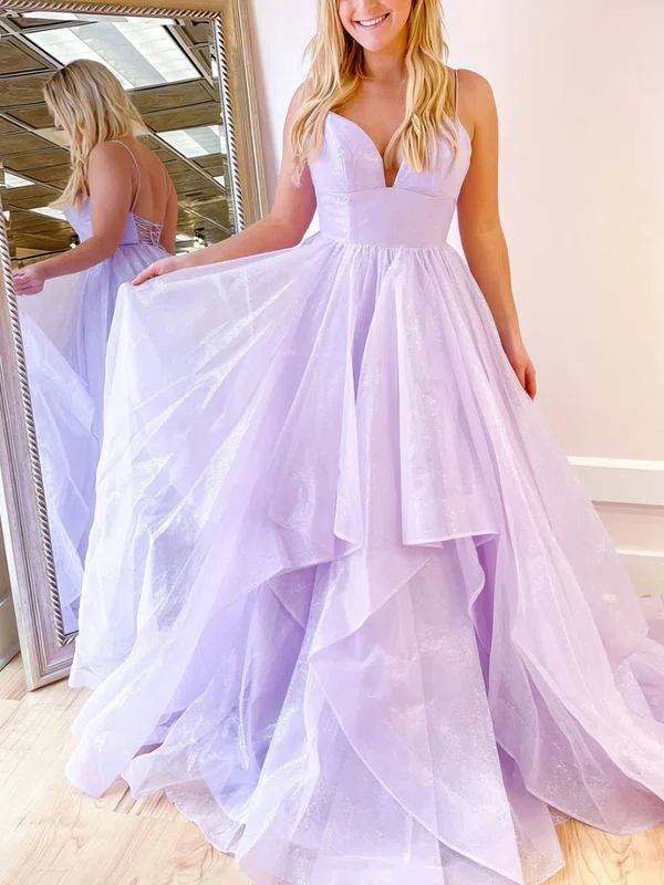 Ball Gown/Princess Sweep Train V-neck Glitter Tiered Prom Dresses #Milly020107348