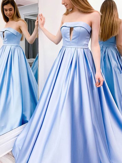 A-line Strapless Satin Sweep Train Prom Dresses #Milly020107352