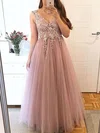 A-line V-neck Tulle Floor-length Beading Prom Dresses #Milly020107356
