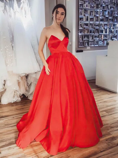 Ball Gown V-neck Satin Sweep Train Pockets Prom Dresses #Milly020107362