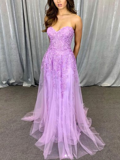 Ball Gown/Princess Sweep Train Sweetheart Lace Tulle Appliques Lace Prom Dresses #Milly020107369