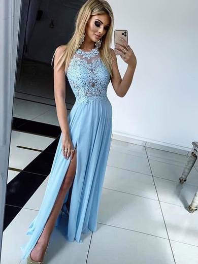 Sheath/Column Scoop Neck Chiffon Sweep Train Appliques Lace Prom Dresses #Milly020107370