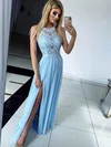 Sheath/Column Scoop Neck Chiffon Sweep Train Appliques Lace Prom Dresses #Milly020107370
