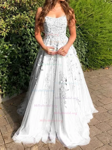 White Lace Scoop Sweep Train Wedding Dress with Appliques White Lace Scoop Sweep Train Wedding Dress with Appliques