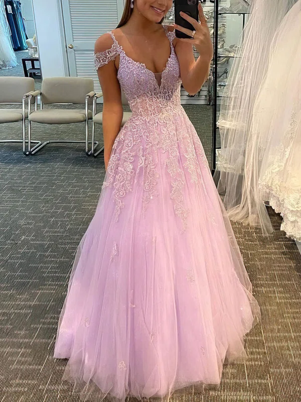Ball Gown/Princess Floor-length V-neck Tulle Appliques Lace Prom Dresses #Milly020107376