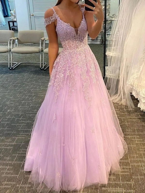 Ball Gown/Princess Floor-length V-neck Tulle Appliques Lace Prom Dresses #Milly020107376