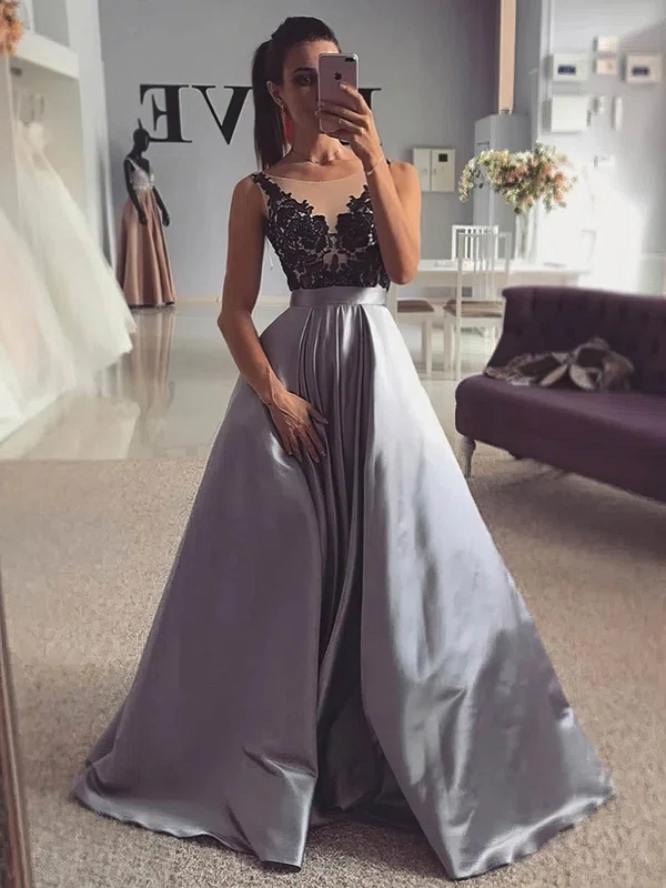 Ball Gown/Princess Sweep Train Illusion Satin Appliques Lace Prom Dresses #Milly020107377
