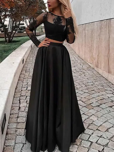 Two Pieces Black A-Line Long Sleeve O-Neck Long Prom Dresses