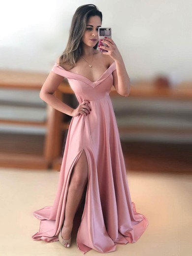 A-line Off-the-shoulder Silk-like Satin Sweep Train Split Front Prom Dresses #Milly020107384