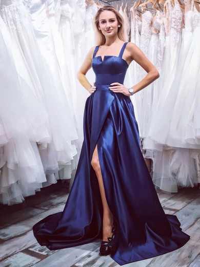 A-line Square Neckline Satin Sweep Train Split Front Prom Dresses #Milly020107386